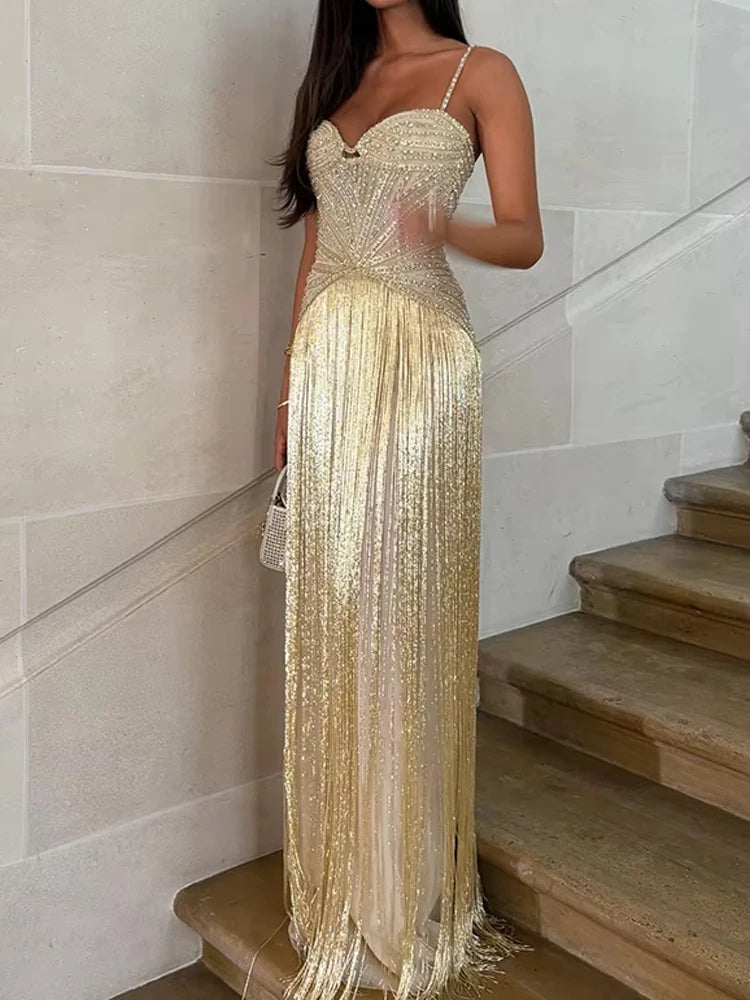 Elegant Women Dresses - Off Shoulder Sleeveless Tassel Dress