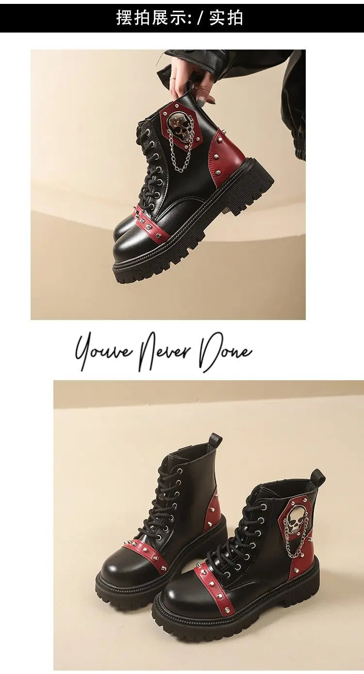 Women's Punk Ankle Boots - Platform Buckle Lace-Up Block Heel Shoes - JStorehub 