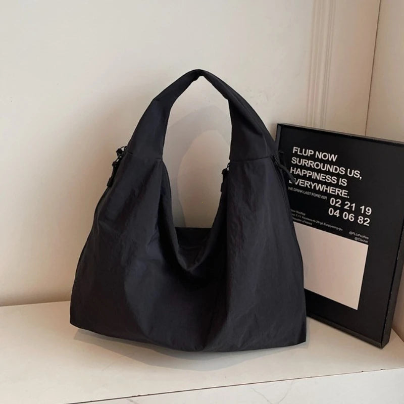 Chic Solid Color Nylon Tote Bag with Multiple Pockets - Large Capacity Shoulder Bag - JStorehub 