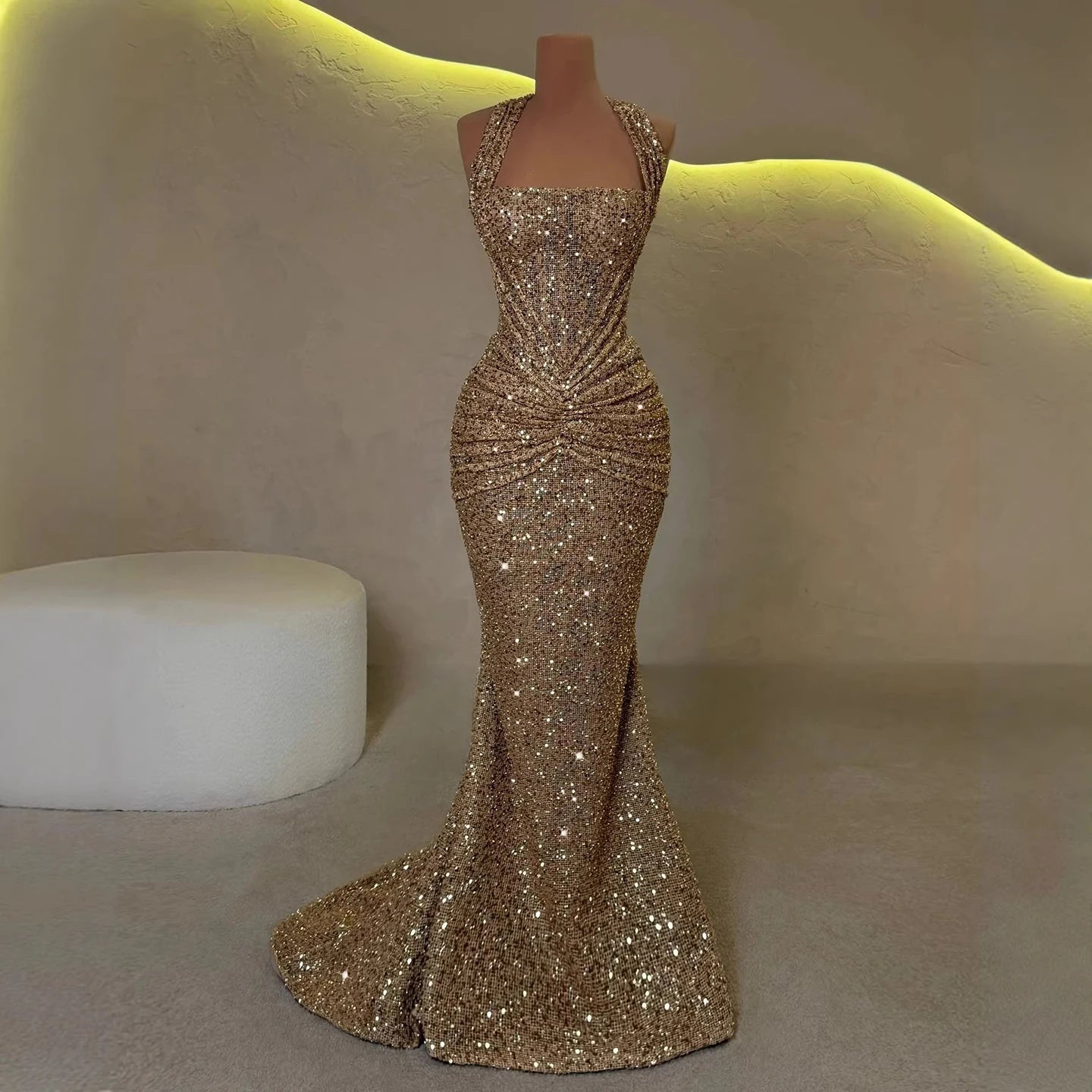 Serene Hill 2026 Luxury Gold Halter Beaded Mermaid Evening Dress - JStorehub 