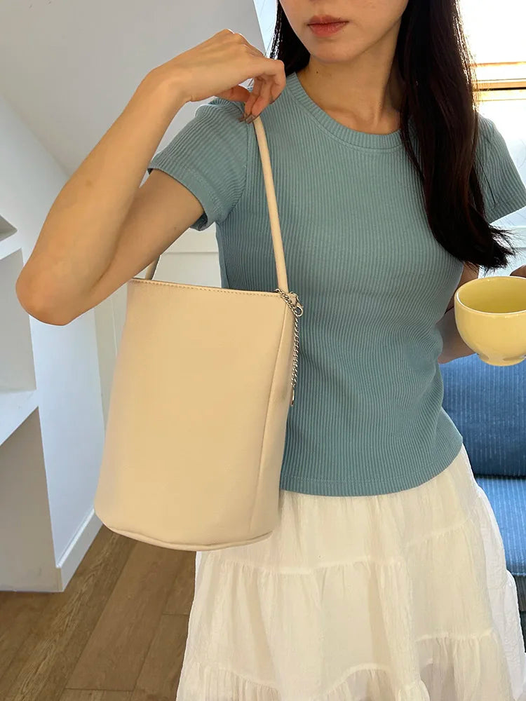 2026 Lychee Pattern Soft Leather Bucket Bag for Women - Casual Underarm Handbag - JStorehub 