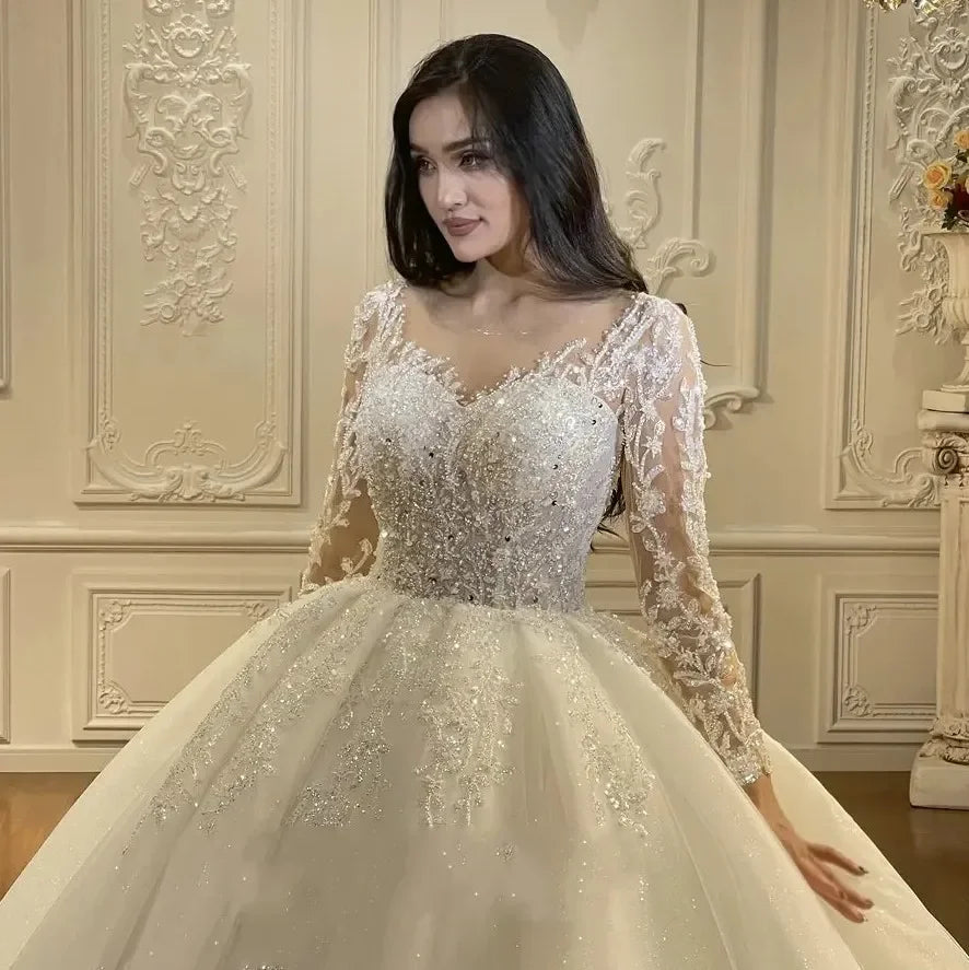 2026 Illusion Neck Wedding Dress - Long Sleeve Lace Applique Beaded Bridal Gown - JStorehub 