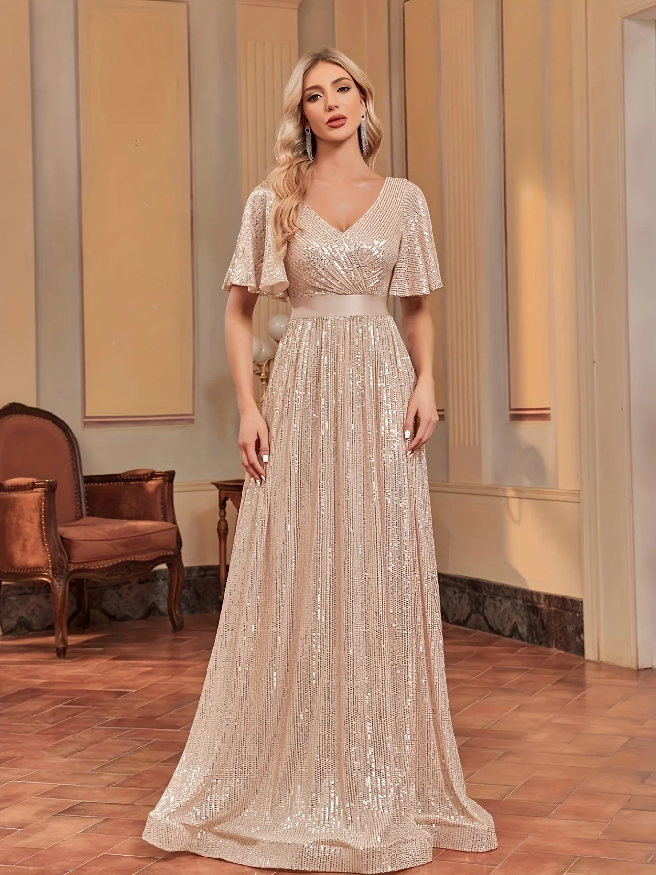 Elegant Retro Flared Sleeve Mesh Evening Gown for Women - JStorehub 