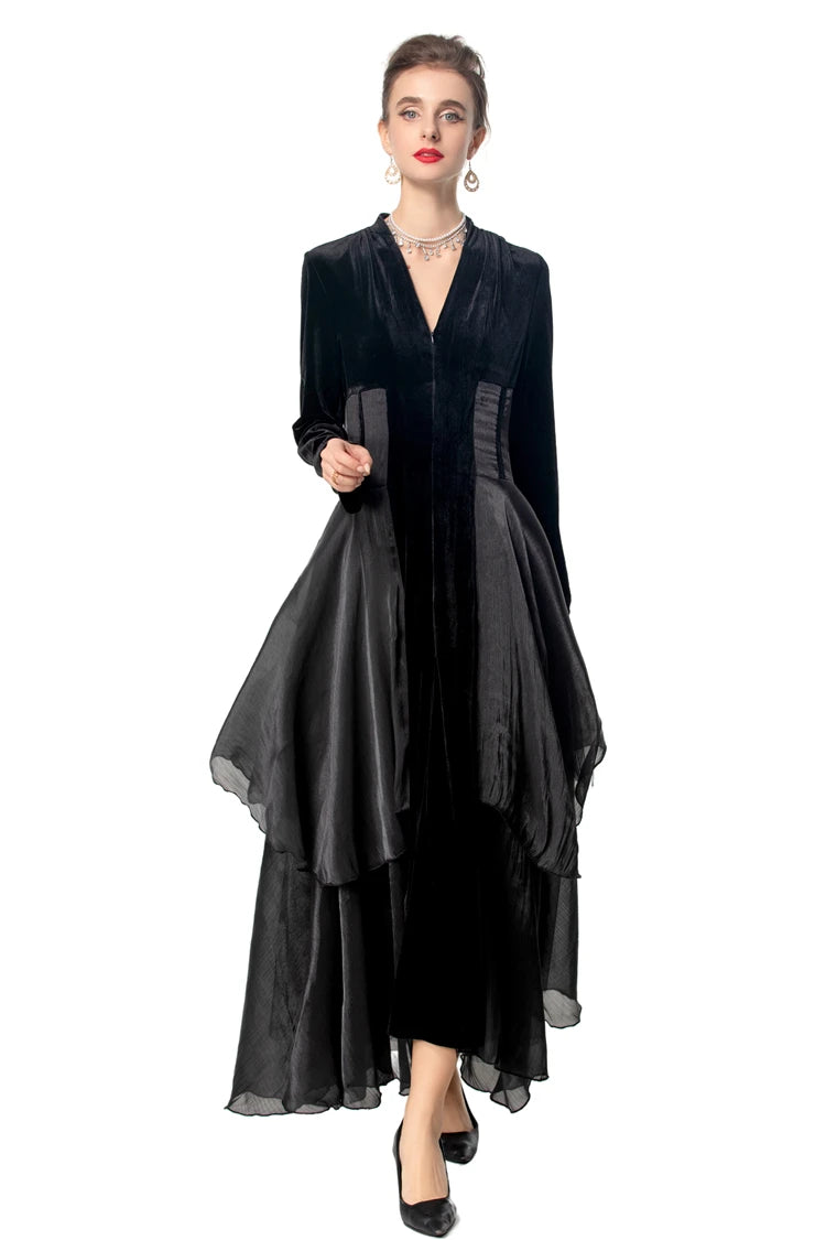 Women's Dresses Sexy V Neck Long Sleeves Velvet Patchwork Ruffles Elegant Fashion Designer Party Prom Gown - SalmanStore 