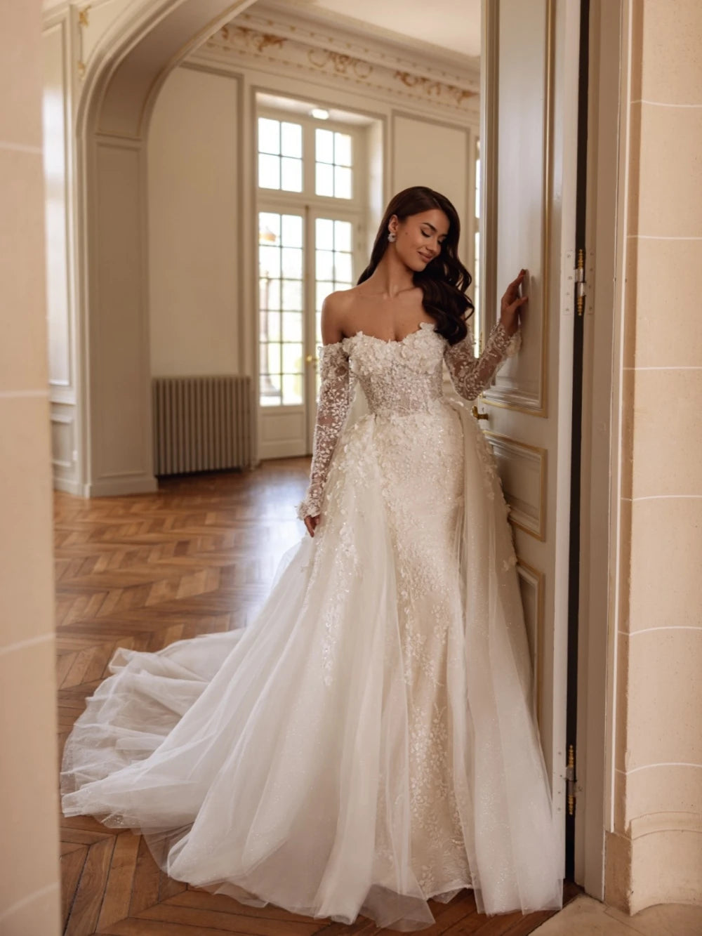 Shiny Beaded Applique Wedding Dress - 3D Flower Off-Shoulder Mermaid Bridal Gown - JStorehub 