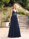 Navy Blue Beaded A-Line Evening Dress - Spaghetti Straps Illusion Prom Gown