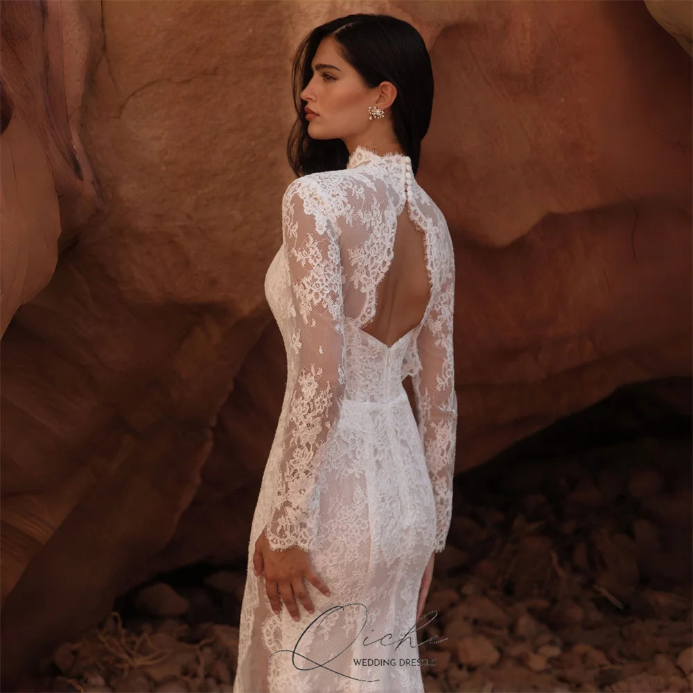 Luxury Lace Mermaid Wedding Dress - Long Sleeve High Collar with Side Split - JStorehub 