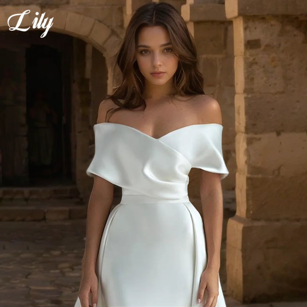 Lily White Off-Shoulder Backless Prom Dress - Satin Mermaid Evening Gown - JStorehub 