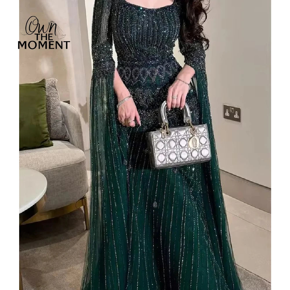 A-Line Beading Prom Dress - Square Collar Long Sleeve Evening Gown - JStorehub 