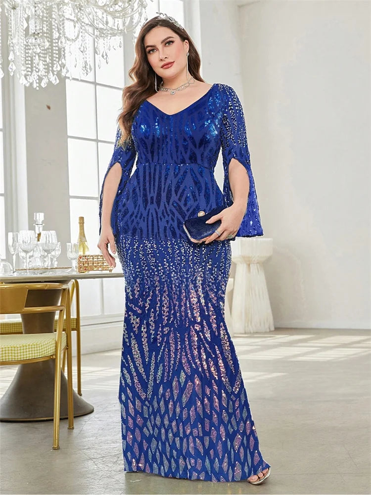 Plus Size Black Sequin Long Sleeve Evening Dress 2025 Luxury Prom - JStorehub 