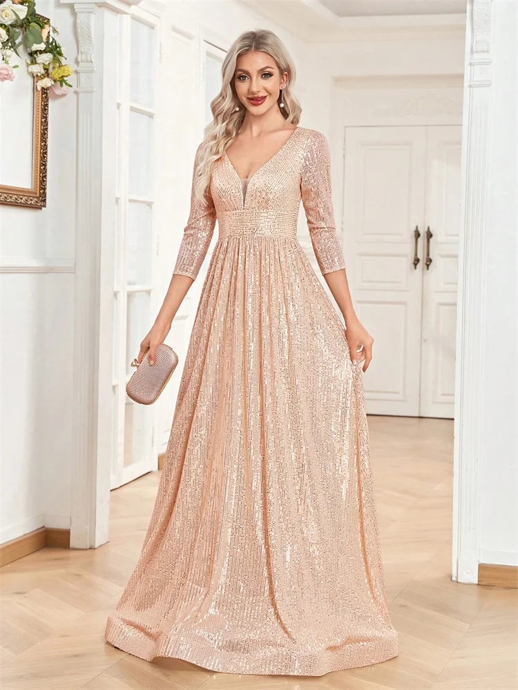 Luxury Blue Sequins V-Neck Long Sleeve Evening Dress - Prom Wedding Gown - SalmanStore 