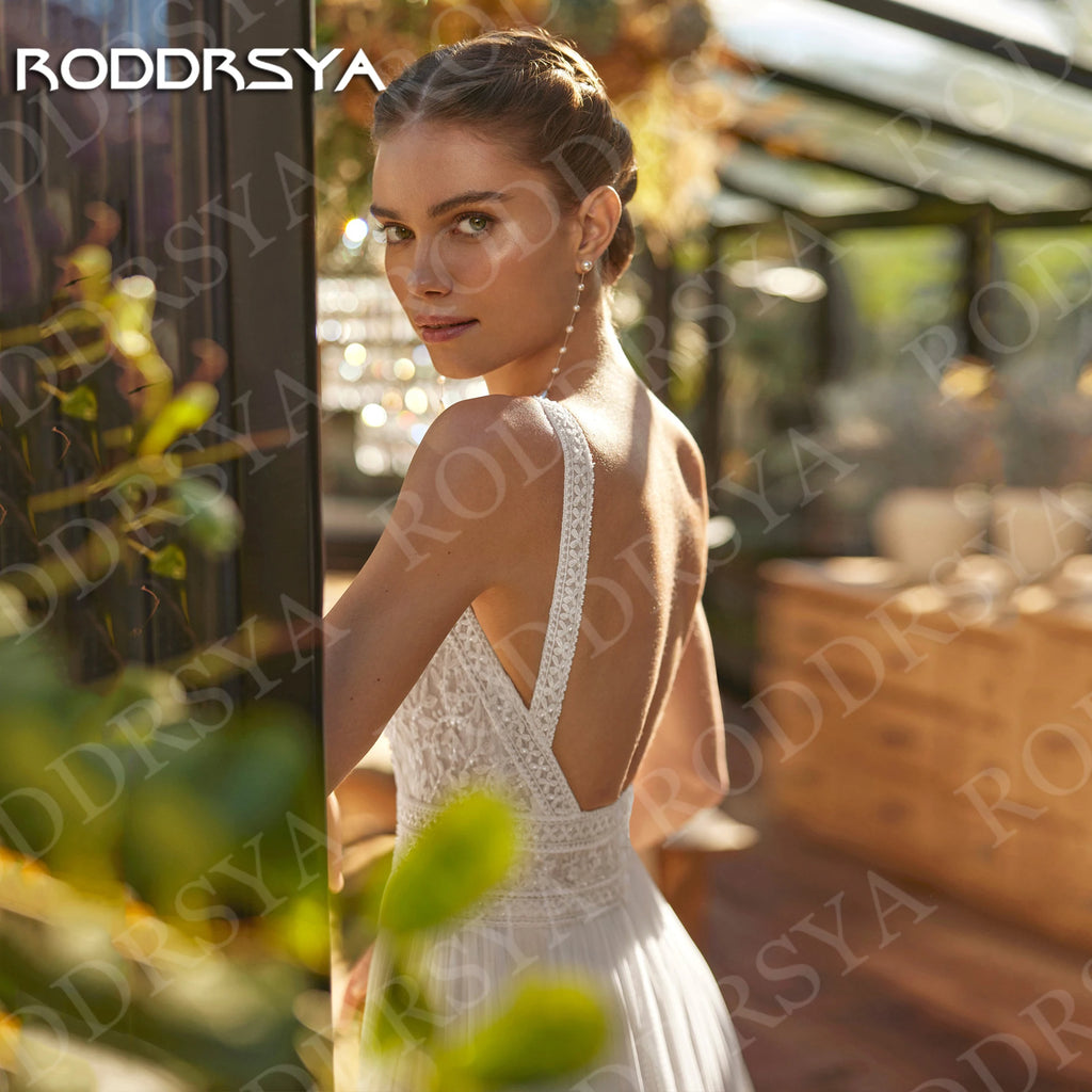 Beach Boho Wedding Dress - Chiffon Lace Spaghetti Straps Backless A-Line Gown - JStorehub 