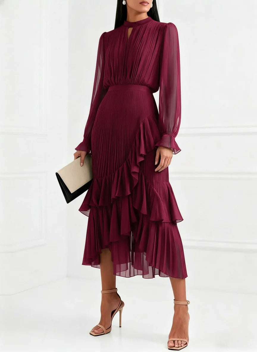 Ruffle Long Sleeve Layered A-Line Dress - Chic Spring Summer Pleated Gown - SalmanStore 