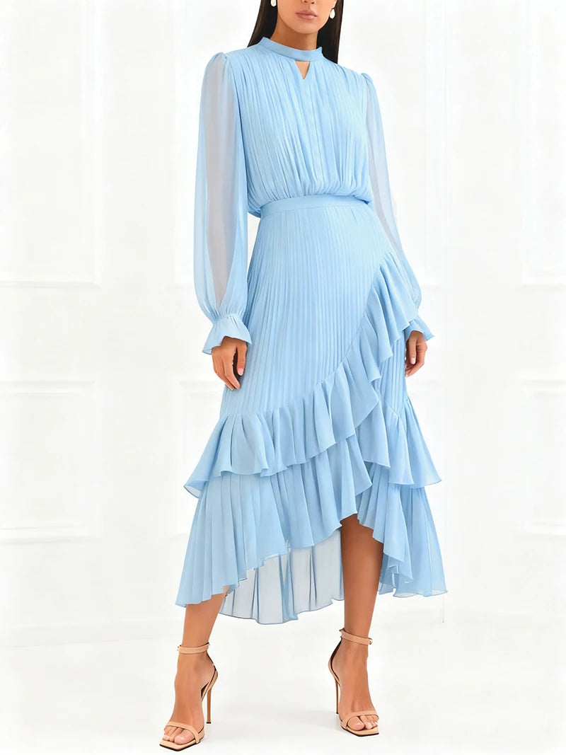 Ruffle Long Sleeve Layered A-Line Dress - Chic Spring Summer Pleated Gown