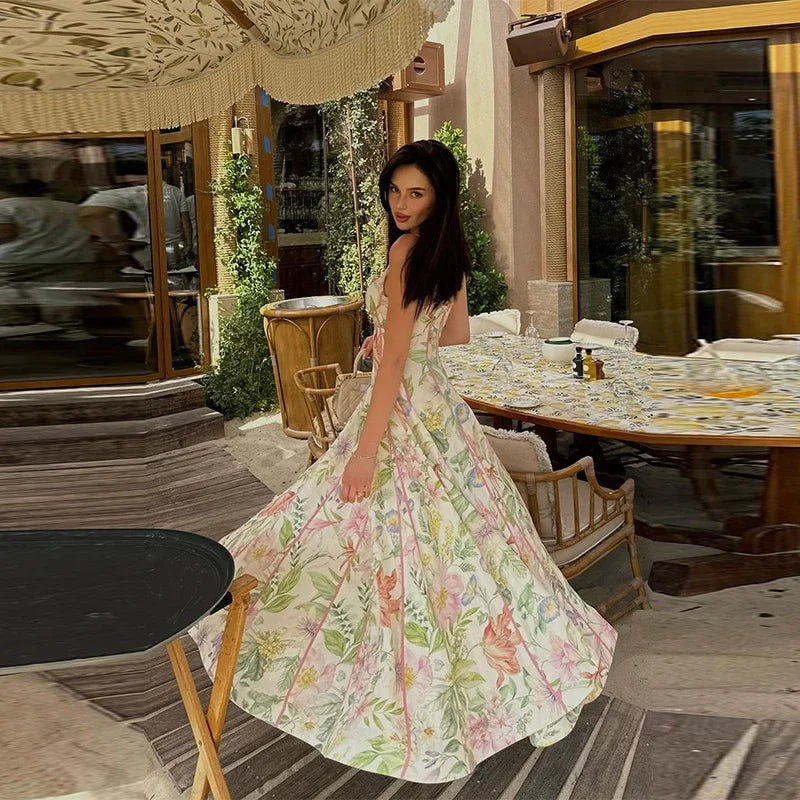 Elegant Printed Flower Women's Dress Contrast Sleeveless Halter Waist-Closed A-Line Lady Dresses Summer Fashion Vacation Robe