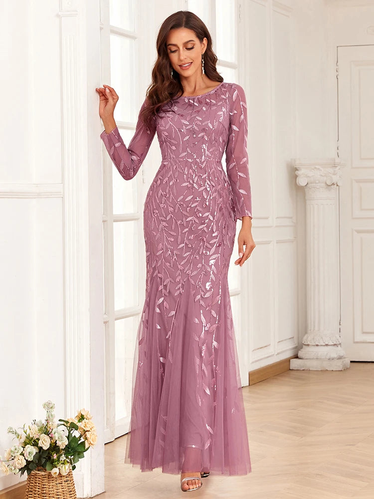Mermaid Tulle Embroidery Evening Dress - O-Neck Full Sleeve Formal Gown - SalmanStore 