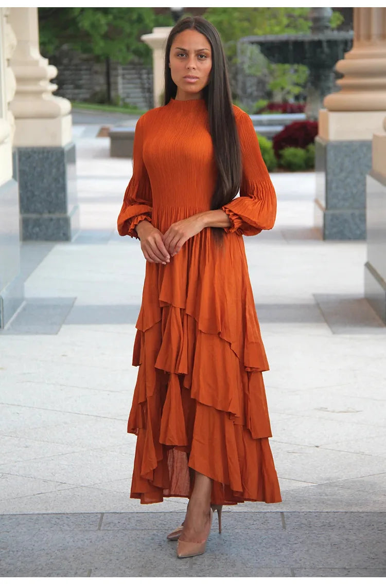 Miyake Pleated Lantern Sleeve Dress - Solid Color Lotus Edge Long Skirt - JStorehub 
