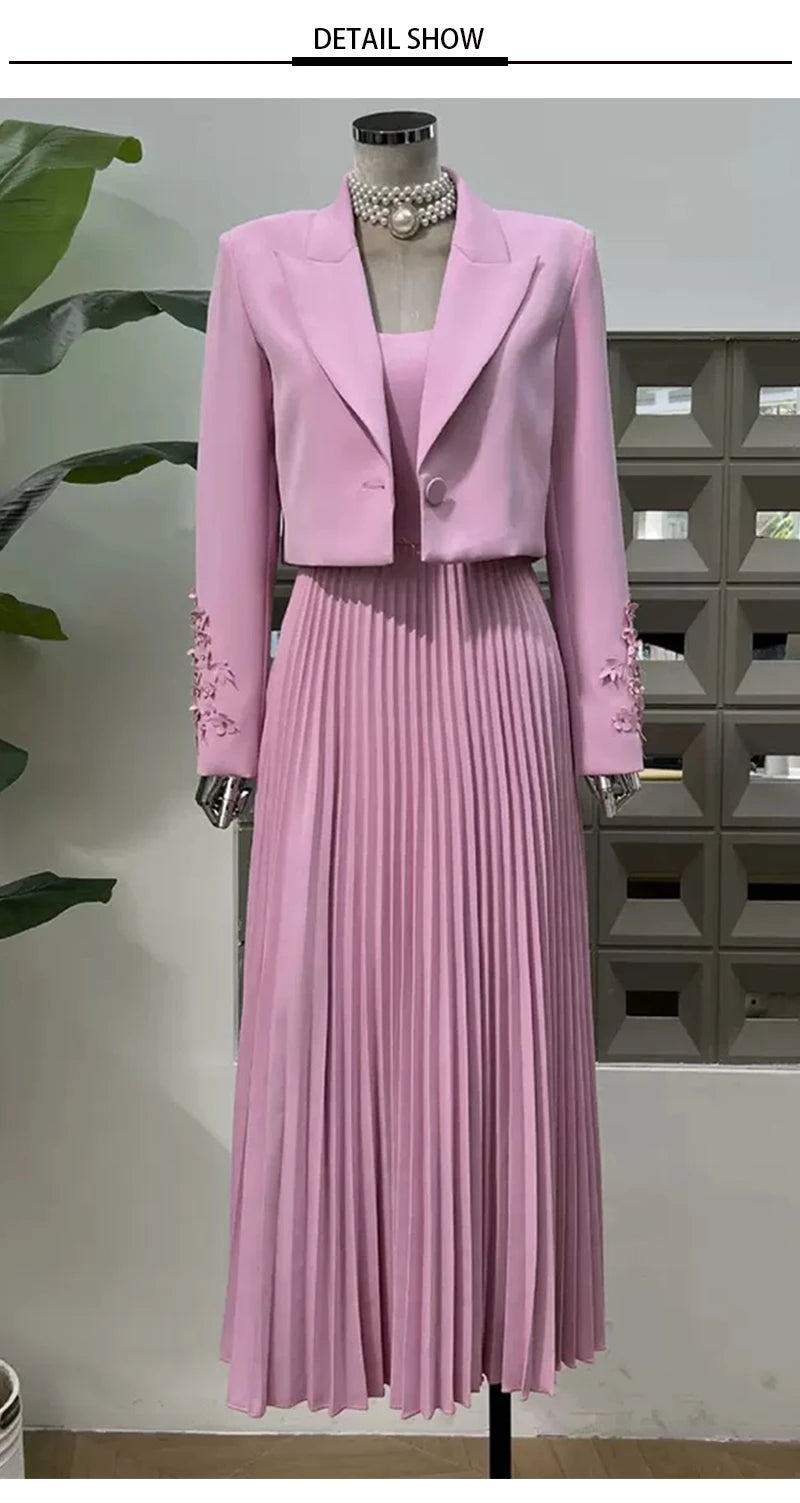 Chic Autumn 2025: Flower Beaded Jacket & Dress Women's Suit Set