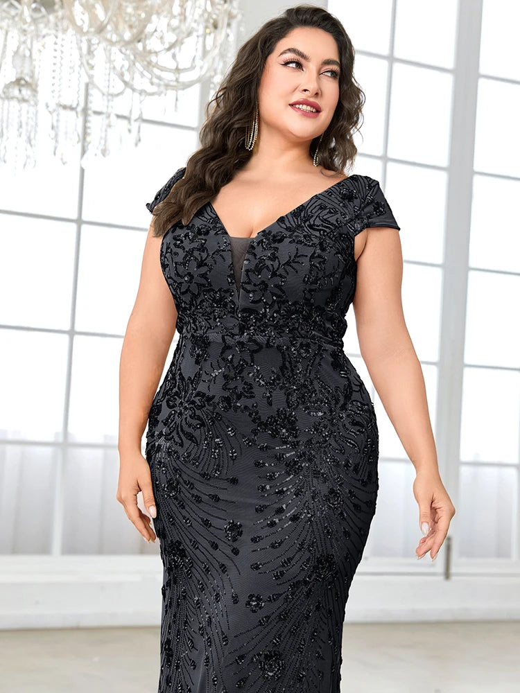 Plus Size Blue Sequin Mermaid Evening Dress - Long V-Neck Formal Prom Gown - SalmanStore 