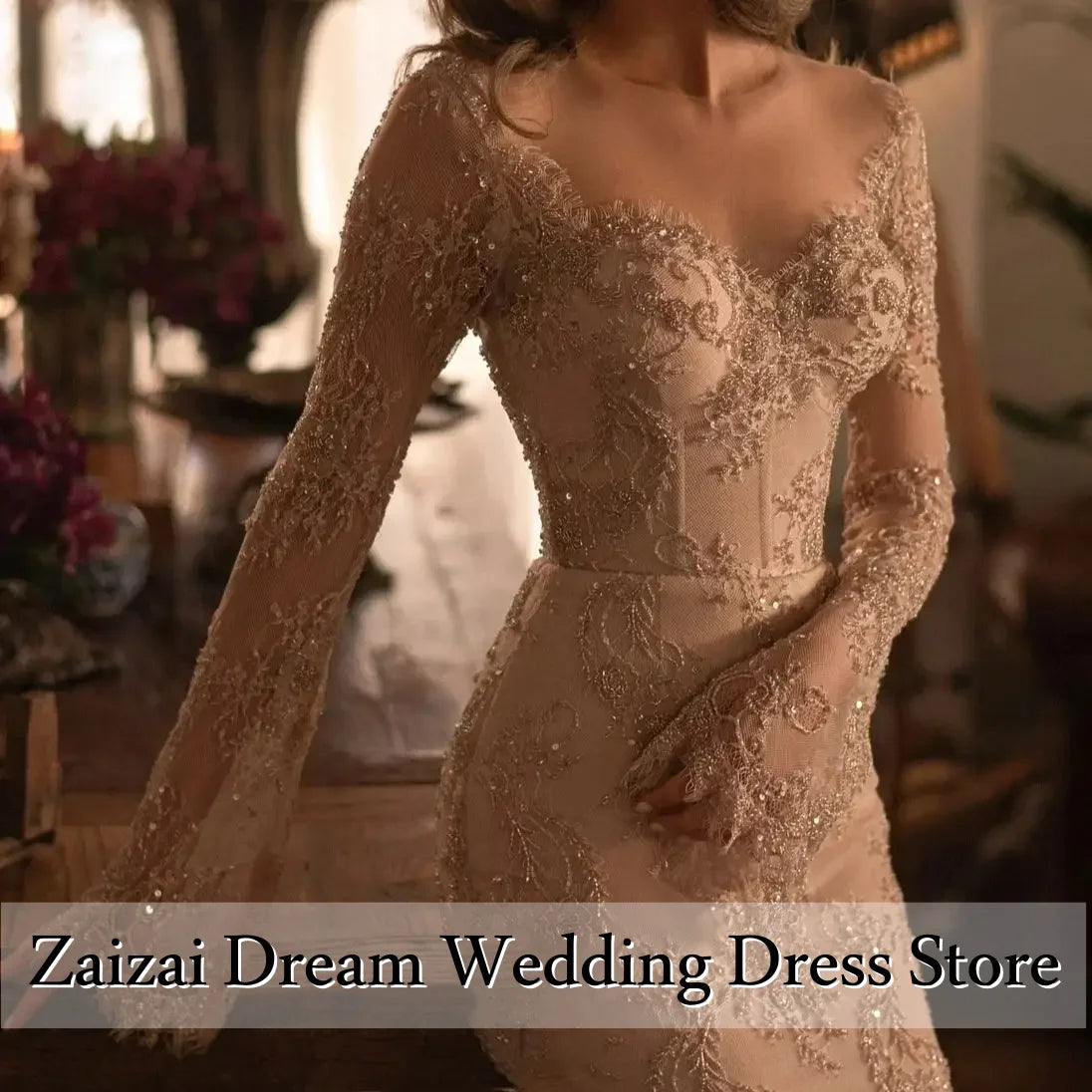 Customized Vintage Lace Champagne Mermaid Wedding Dress - JStorehub 