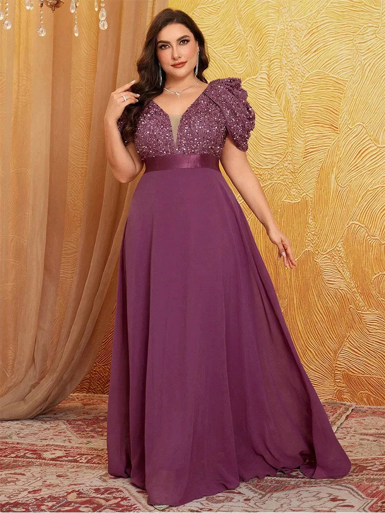 Plus Size Lotus Pink Sparkling Puff Sleeve Evening Dress 4XL 5XL - JStorehub 