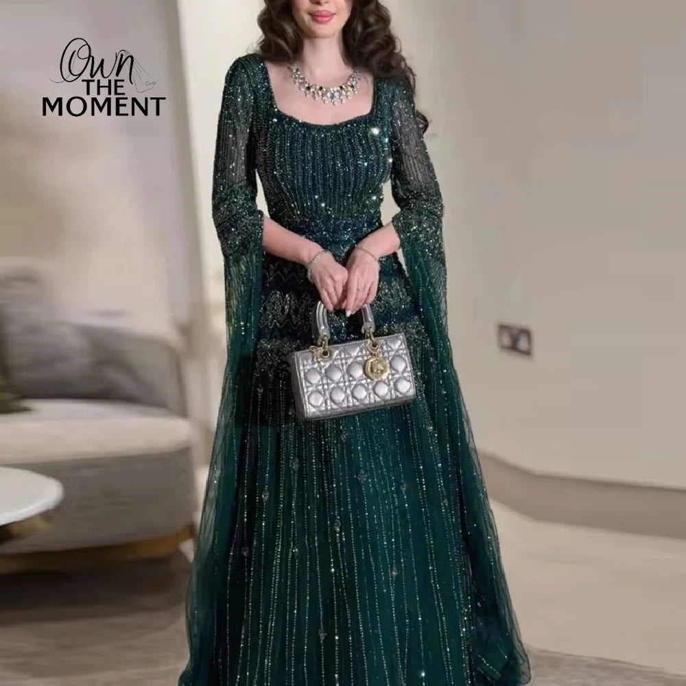 A-Line Beading Prom Dress - Square Collar Long Sleeve Evening Gown - JStorehub 