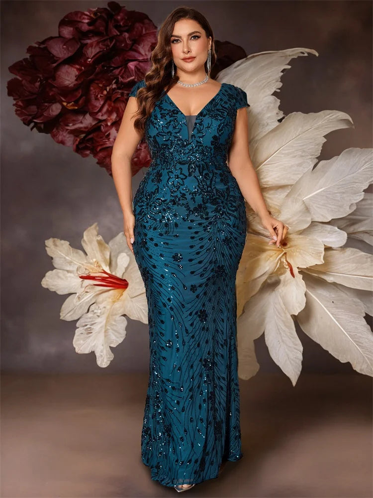 Plus Size Blue Sequin Mermaid Evening Dress - Long V-Neck Formal Prom Gown - SalmanStore 