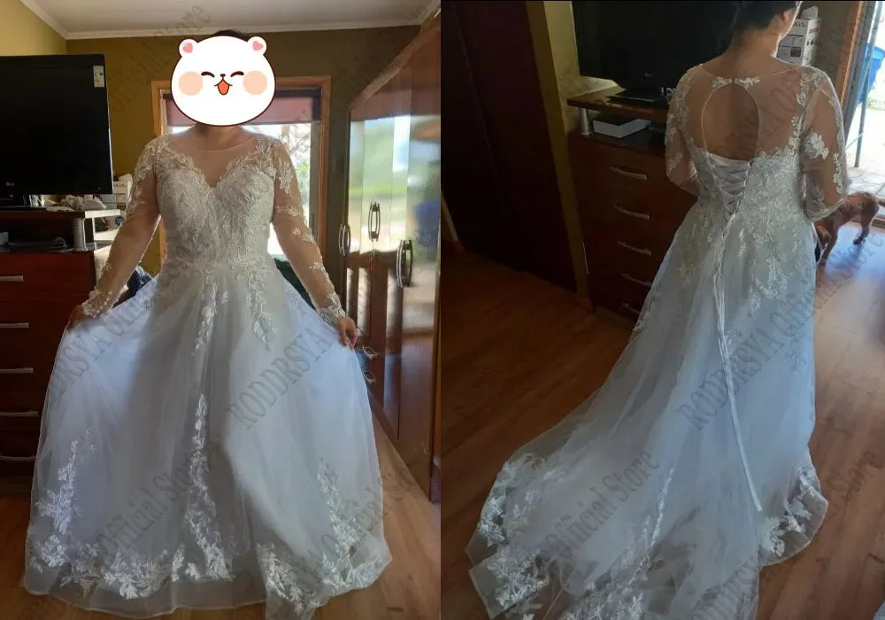Elegant O-Neck Wedding Dress - Lace-Up A-Line Applique Tulle Long Sleeve Gown - JStorehub 