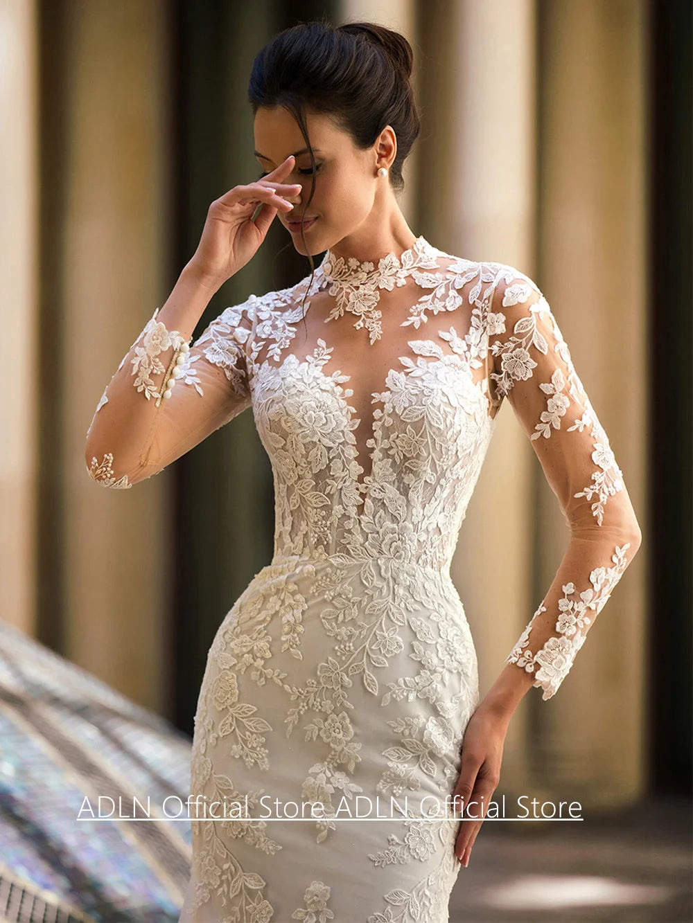 Court Train Mermaid Wedding Dress - Customized Long Sleeve Illusion Lace Bridal Gown - JStorehub 