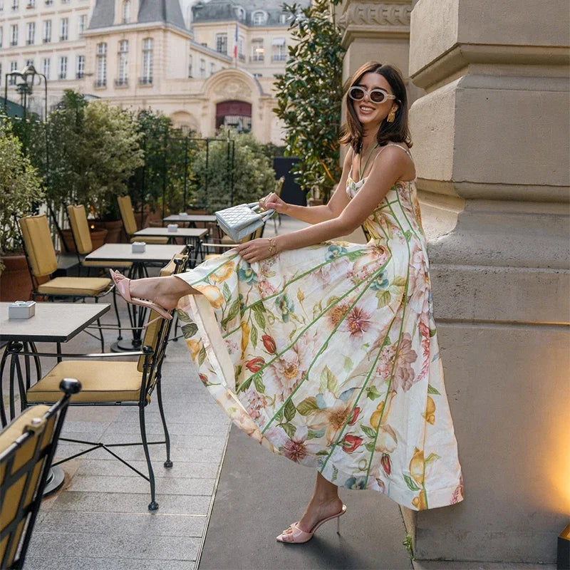 Elegant Printed Flower Women's Dress Contrast Sleeveless Halter Waist-Closed A-Line Lady Dresses Summer Fashion Vacation Robe