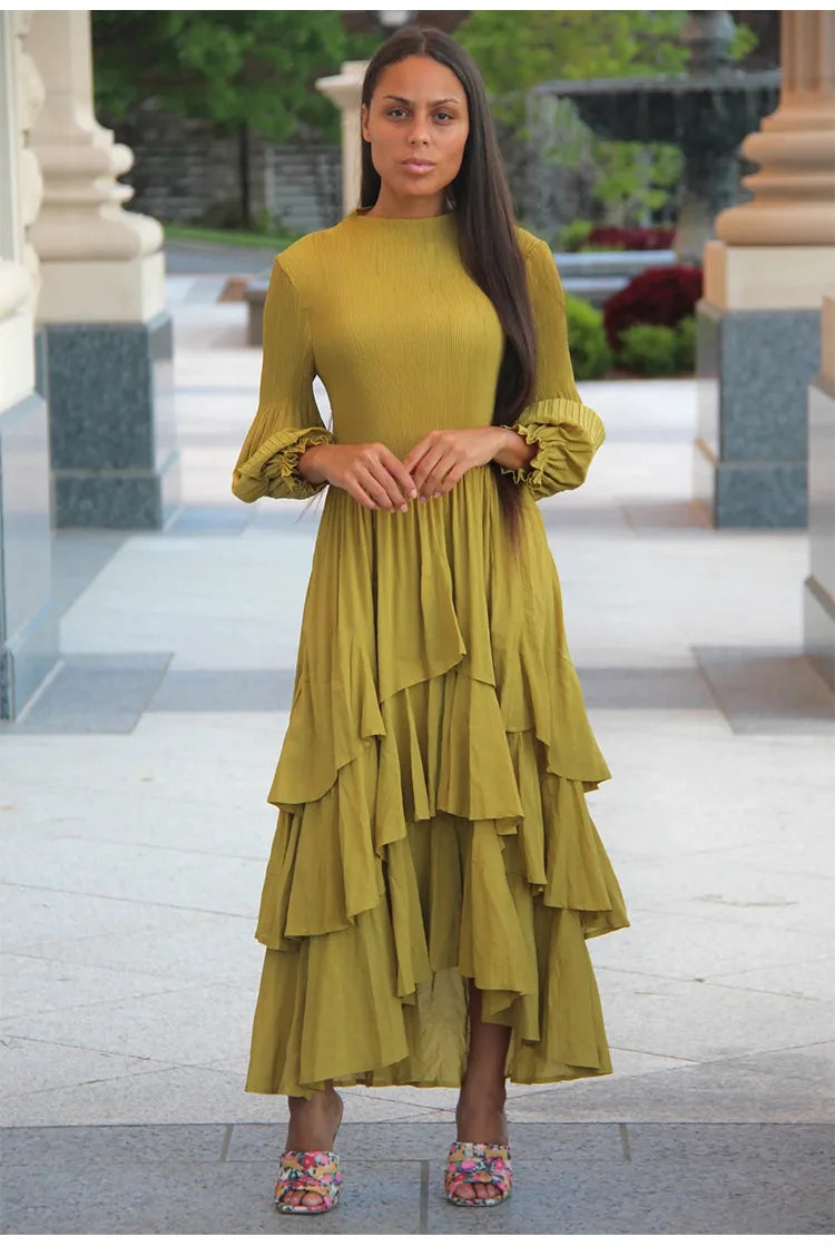 Miyake Pleated Lantern Sleeve Dress - Solid Color Lotus Edge Long Skirt - JStorehub 