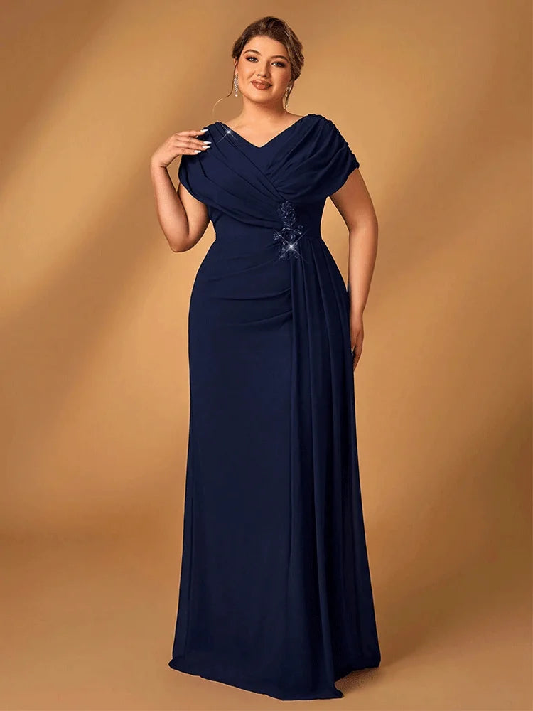 Plus Size Luxury Navy Blue Chiffon Mother of Bride Evening Dress - JStorehub 