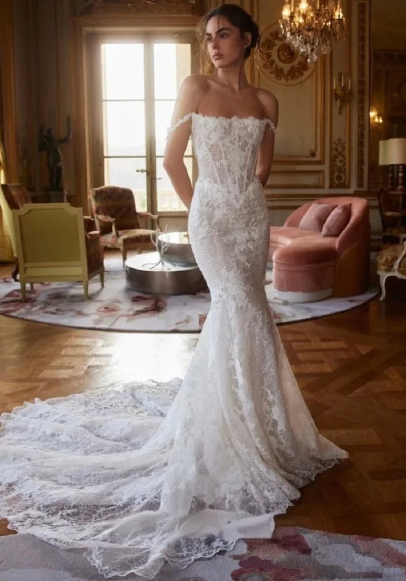 Mermaid Lace Wedding Dress - Boat Neck Basque with Beading Customized Bridal Gown - JStorehub 