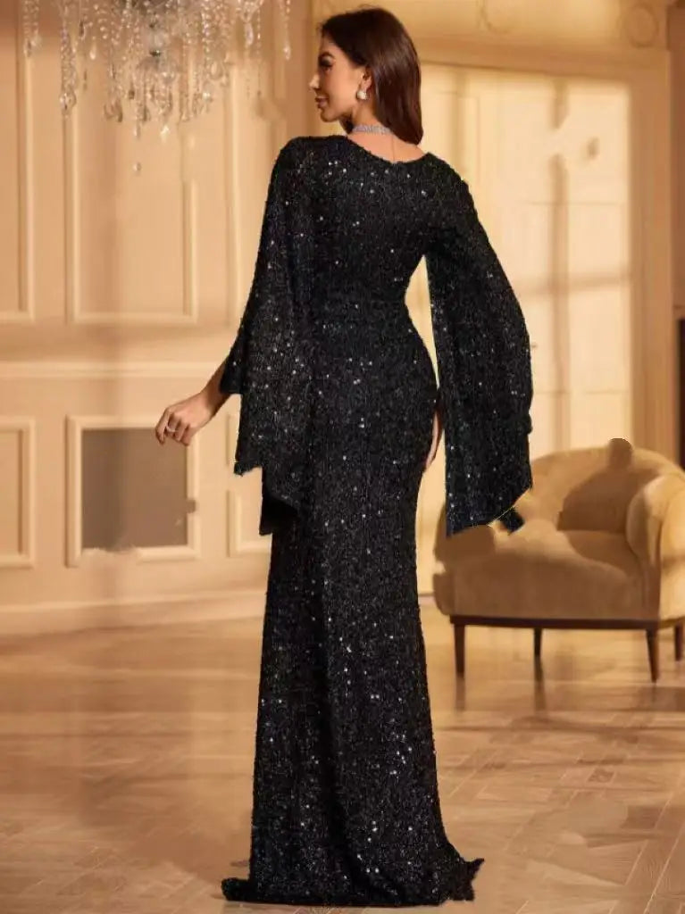 Elegant Chiffon Sequin Evening Dress - Round Neck Flared Cuffs Wedding Gown - JStorehub 