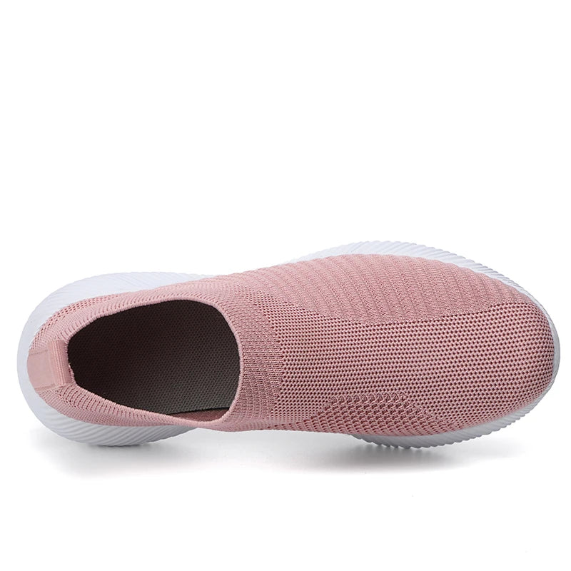 Women's Pink Mesh Sneakers - Breathable Flying Woven Slip-On Walking Shoes - JStorehub 