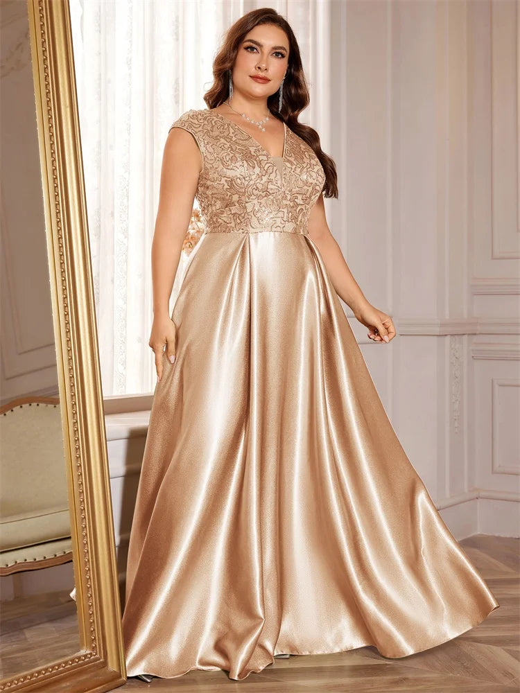 Blueplum Plus Size Gold Satin V-Neck Sequin Evening Dress 2025 - JStorehub 