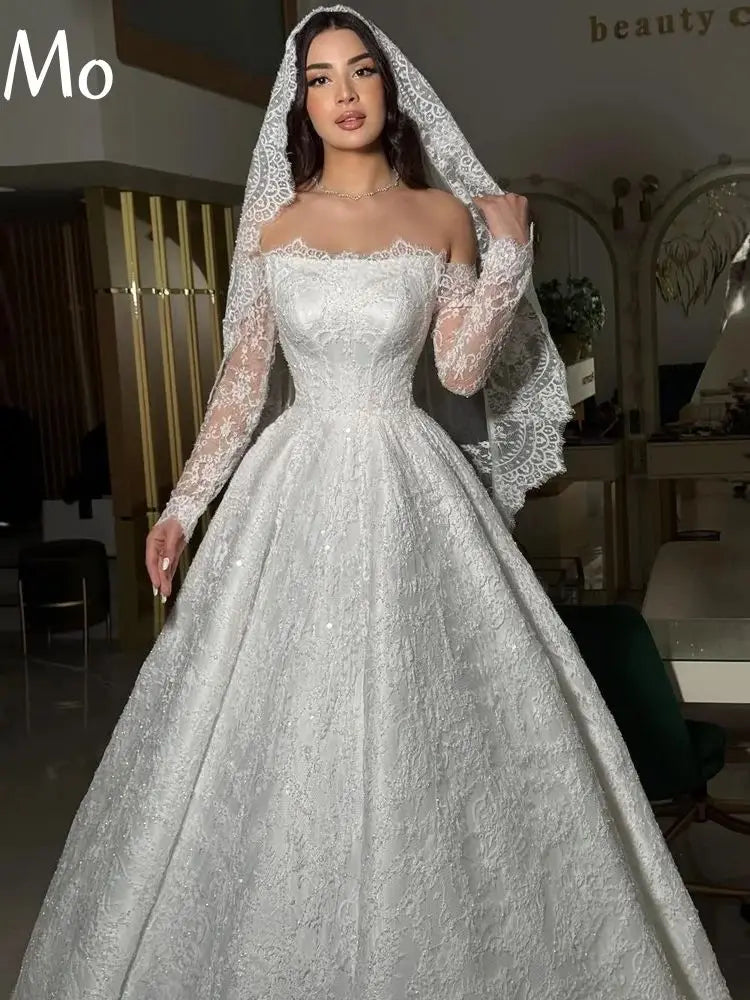 Exquisite Long Sleeve Sparkly Wedding Dress - Off Shoulder Backless Ball Gown - JStorehub 