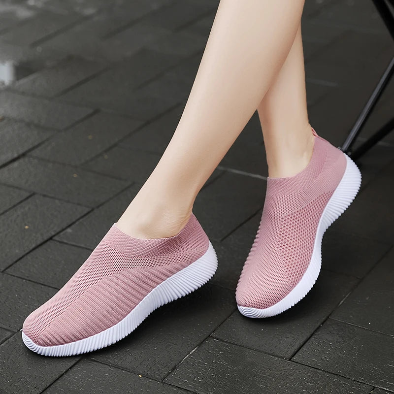 Women's Pink Mesh Sneakers - Breathable Flying Woven Slip-On Walking Shoes - JStorehub 