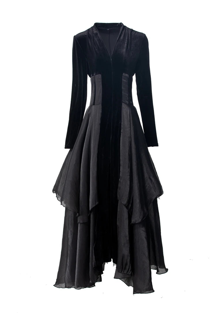 Women's Dresses Sexy V Neck Long Sleeves Velvet Patchwork Ruffles Elegant Fashion Designer Party Prom Gown - SalmanStore 