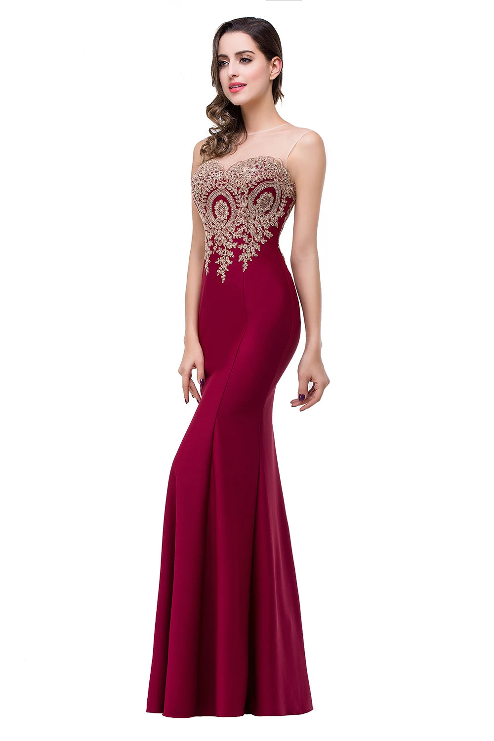 Golden Appliques Lace Mermaid Evening Dress - Sweetheart Illusion Prom Gown - SalmanStore 