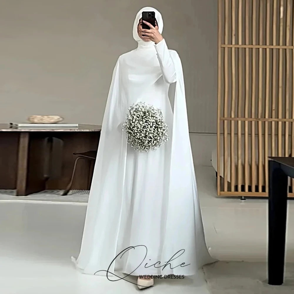 Modest White Muslim Wedding Dress with Cape - Long Sleeve Customized Bridal Gown - JStorehub 