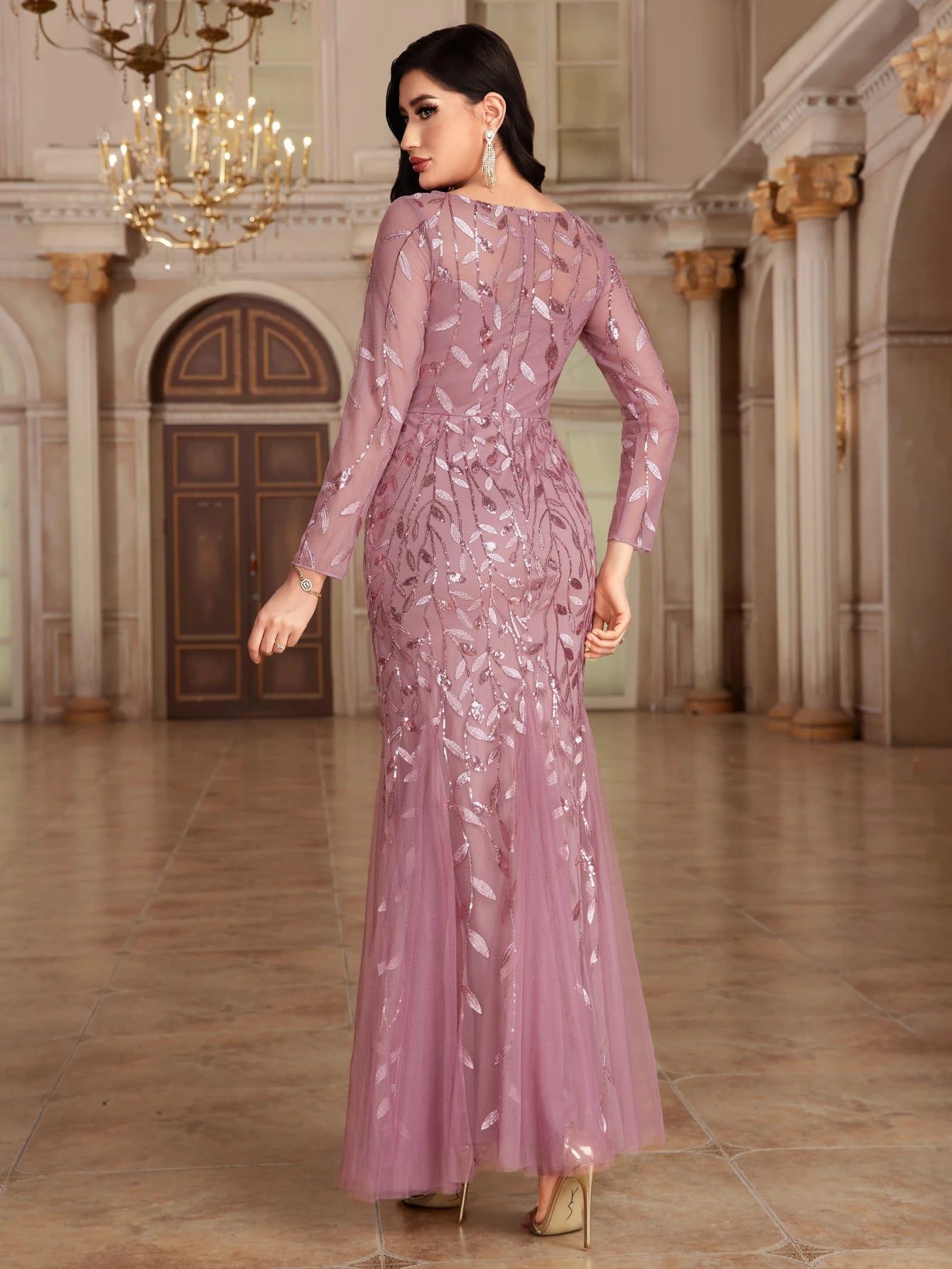 Mermaid Tulle Embroidery Evening Dress - O-Neck Full Sleeve Formal Gown - SalmanStore 