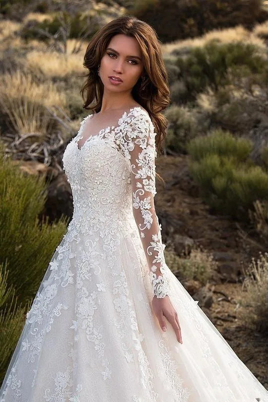 Elegant Long Sleeve Lace Plus Size Wedding Dress - 3XL Ball Gown Bridal Gown - JStorehub 