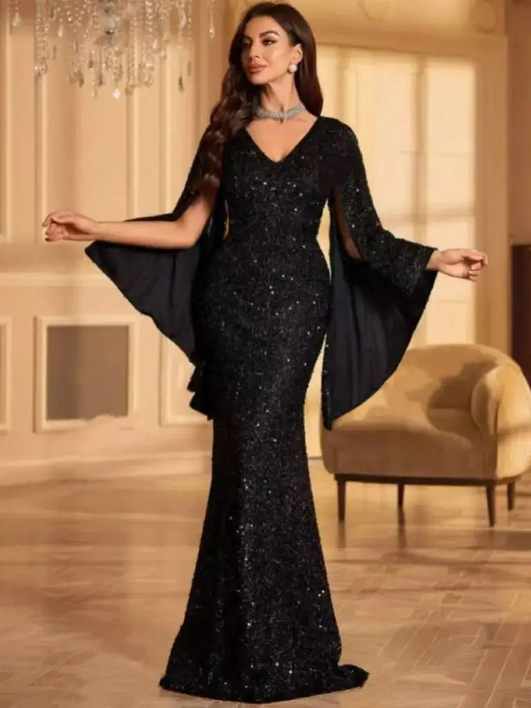Elegant Chiffon Sequin Evening Dress - Round Neck Flared Cuffs Wedding Gown - JStorehub 