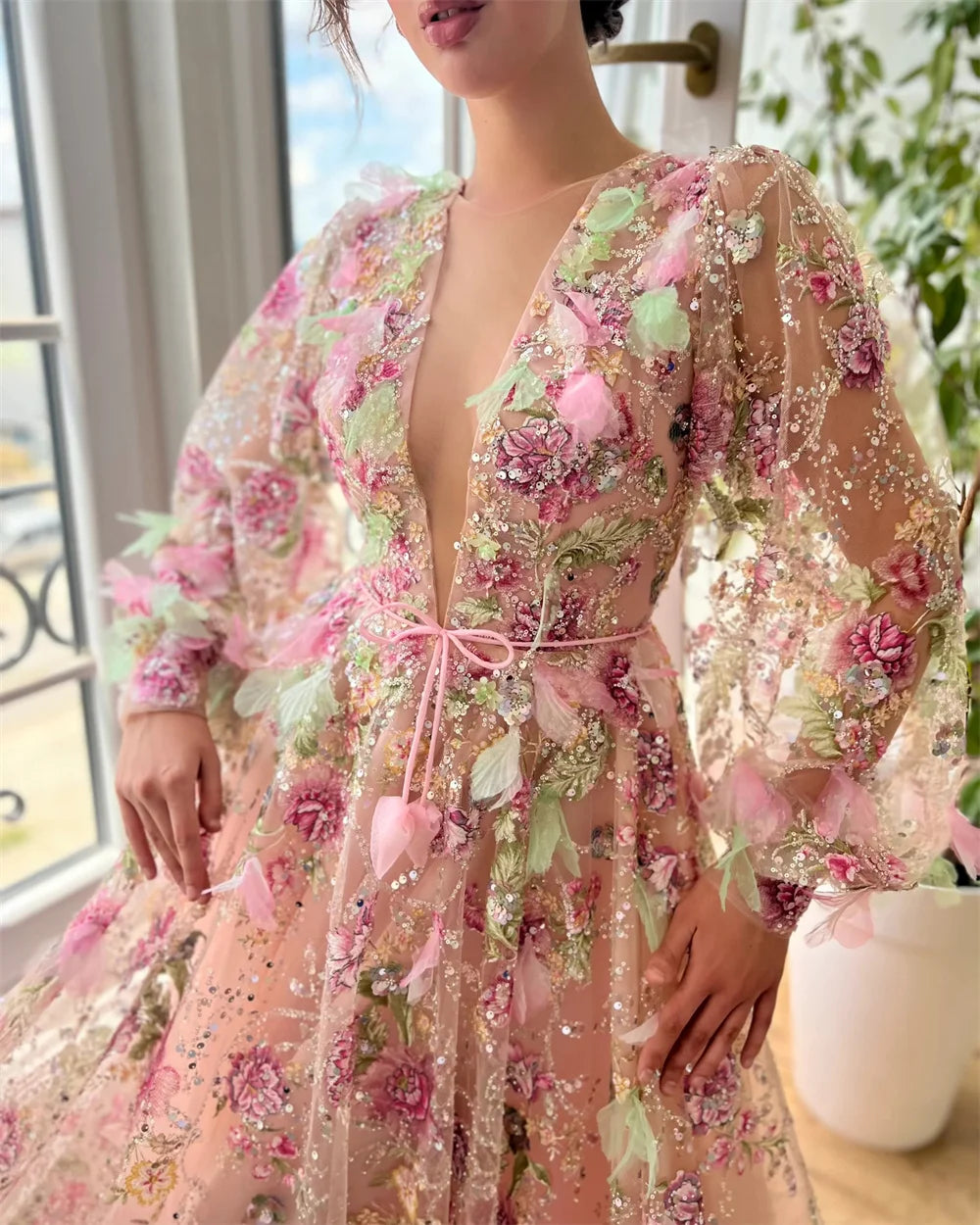Customized Pink V-Neck Wedding Dress 2025 - JStorehub 