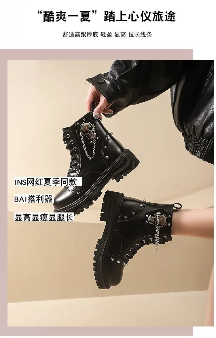 Women's Punk Ankle Boots - Platform Buckle Lace-Up Block Heel Shoes - JStorehub 