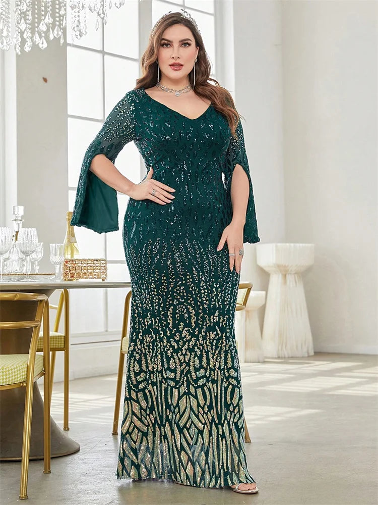 Plus Size Black Sequin Long Sleeve Evening Dress 2025 Luxury Prom - JStorehub 