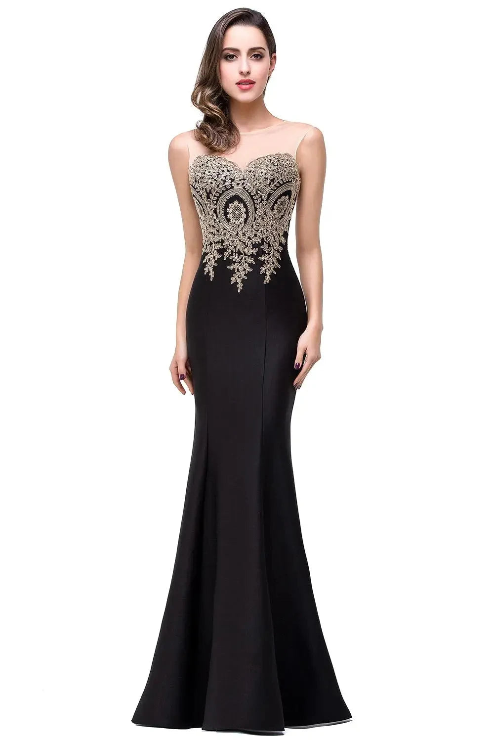 Golden Appliques Lace Mermaid Evening Dress - Sweetheart Illusion Prom Gown