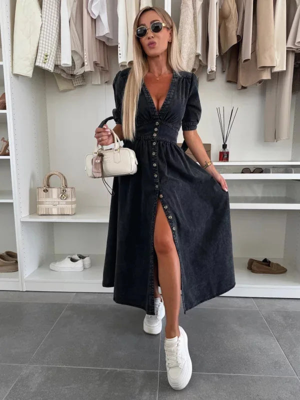 Women Dresses: V Neck Denim Dress - Elegant Style | Salman Store