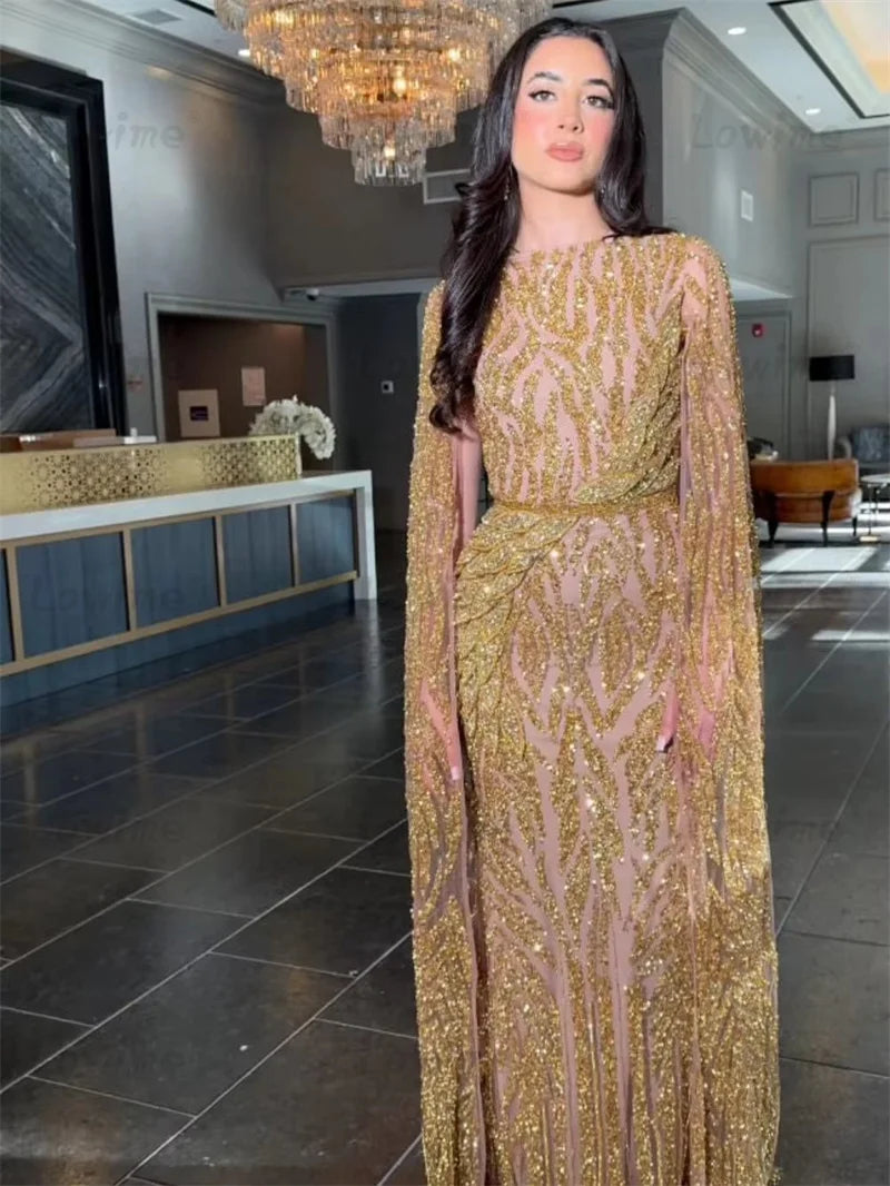 Gold Beaded Glitter Sequin Mermaid Evening Dress with Cape Sleeves - JStorehub 
